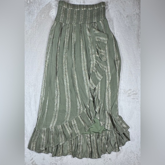 Misa LA Sedona Green Metallic Striped High Low Ruffle High Slit Maxi Skirt Small - Picture 5 of 17